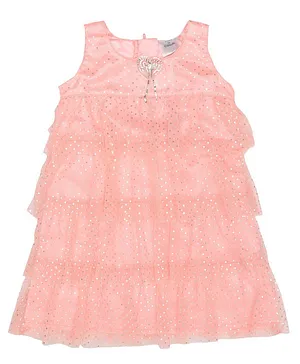 Doodle Girls Clothing Sleeveless Foil Polka Printed Net Layered Dress - Peach