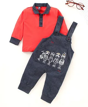 Jb Club Full Sleeves Tee With Printed Dungarees - Red
