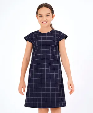 Primo Gino Half Sleeves Checked A-Line Party Frock - Navy