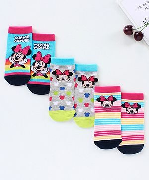 Cute Walk by Babyhug Ankle Length Antibacterial Socks Minnie Mouse Design Pack of 3 - Blue Pink