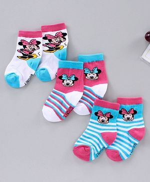 Cute Walk by Babyhug Ankle Length Antibacterial Socks Minnie Mouse Design Pack of 3 - Blue Pink