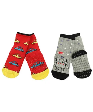 NoFall Pack Of 2 Pairs Ankle Length Cars & Robot Design Antiskid Socks - Red & Grey