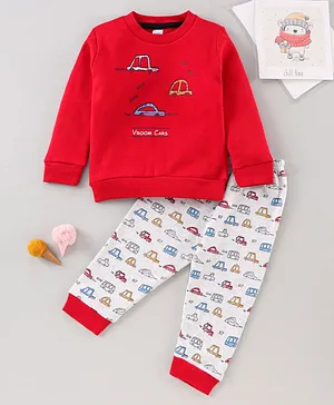 Pink Rabbit Full Sleeves T-Shirt and Lounge Pants Set Cars Print - Red