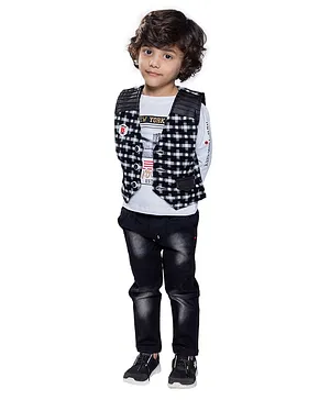 Kooka Kids Full Sleeves Text Print Tee With Checked Waistcoat & Jeans Set - Black