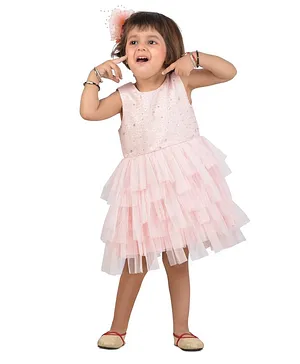 KIDSDEW Sleeveless Star Embellished Yoke Fit & Flared Layered Dress - Pink