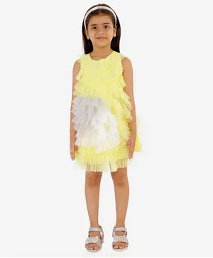 KIDSDEW Sleeveless Color Block Flared Dress - Yellow