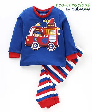 Babyoye Full Sleeves Cotton Fire Truck Night Suit - Blue Red