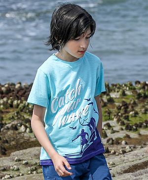 Pine Kids Half Sleeves Biowash Tee Wave Print - Light Blue