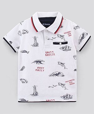 Pine Kids Biowash Half Sleeves Tee Marine Life Print - White