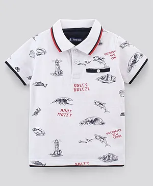 Pine Kids Biowash Half Sleeves Tee Marine Life Print - White