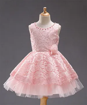 Bluebell Party Wear Sleeveless Lace Frock Bead Detailing - Peach
