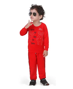 Kooka Kids Full Sleeves Rabbit Design Tee With Lounge Pants - Red