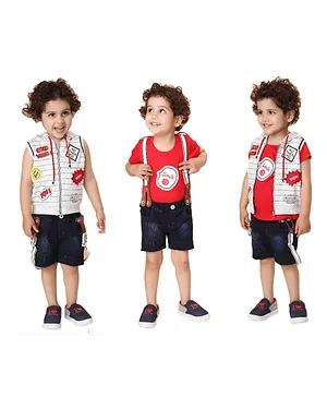 Kooka Kids Short Sleeves Tee With Text Print Hooded Jacket & Shorts Set - Red