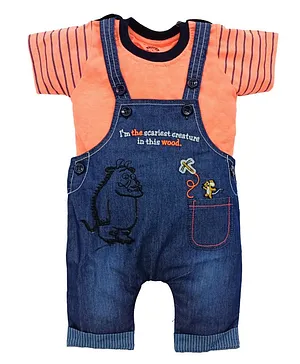 Kooka Kids Animal Embroidered Dungaree With Half Sleeves Tee - Orange