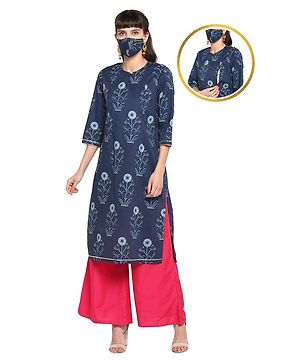 Zelena Three Fourth Sleeves Floral Print Kurta With Face Mask - Blue