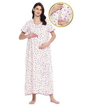 Zelena Half Sleeves Polka Dot Printed Maternity Nighty - Multi Colour