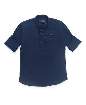 Charchit Full Sleeves Solid Shirt Style Kurta - Navy Blue