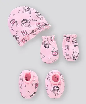 Bonfino Cap Mitten & Booties Set Fairy Print - Pink