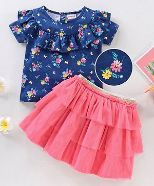 Babyhug Half Sleeves Printed Tops and Skirt - Blue Pink