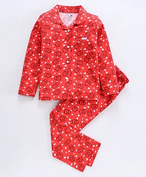 NIOMODA Full Sleeves Pyjama Set Heart Print - Coral