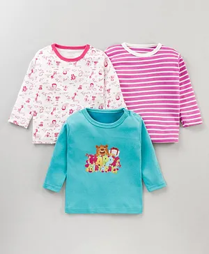 Kidi Wav Full Sleeves Pack Of 3 Animal Print & Striped Tee - Pink
