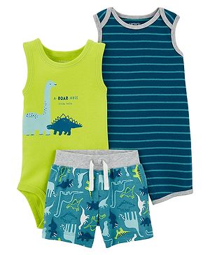 Carter's 3-Piece Dinosaur Onesie & Short Set - Green Blue