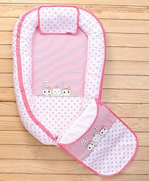Babyhug Premium 3 Piece Nest Gadda Set With Diaper Changing Mat in Kitty Print - Pink
