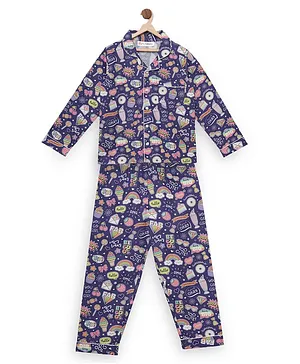 Fluffalump Full Sleeves Bow Printed Night Suit - Violet