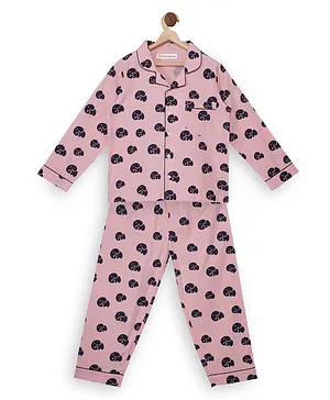 Fluffalump Full Sleeves Elephant Printed Cotton Night Suit - Pink
