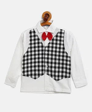 KIDS CLAN Full Sleeves Shirt With Attached Checkered Waistcoat & Bow Tie - White