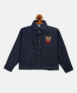 KIDS CLAN Full Sleeves Teddy Bear Patch Detailing Shirt - Navy Blue