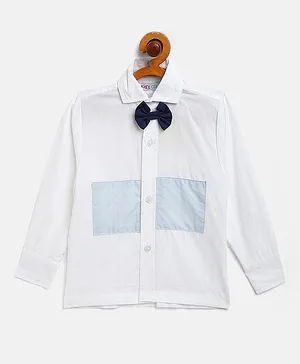 KIDS CLAN Full Sleeves Solid Colour Shirt With Attached Bow Tie - White