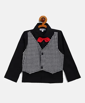 KIDS CLAN Full Sleeves Shirt With Attached Checkered Waistcoat & Bow Tie - Black