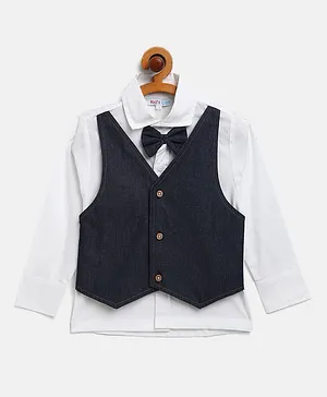 KIDS CLAN Full Sleeves Shirt With Attached Waist Coat & Bow - White Blue