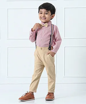 Mark & Mia Full Sleeves Vertical Stripes Shirt and Trousers Set with Suspenders and Bow Tie - Pink Beige