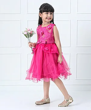 Mark & Mia Sleeveless Knee Length Frock With Floral Applique - Dark Pink