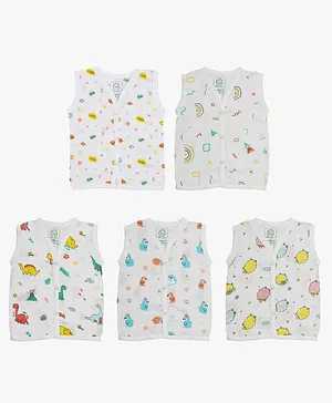 A Toddler Thing Muslin Sleeveless Pack Of 5 Rainbow & Animal Print Vests - White