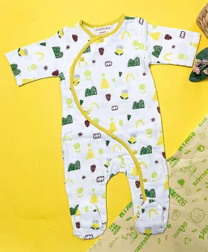 A Toddler Thing Printed Full Sleeves Muslin Cotton Romper - White & Yellow