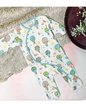 A Toddler Thing Hot Air Balloon Printed Full Sleeves Muslin Cotton Romper - White & Blue