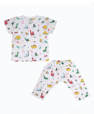 A Toddler Thing Muslin Short Sleeves Dinosaur Print Night Suit - White