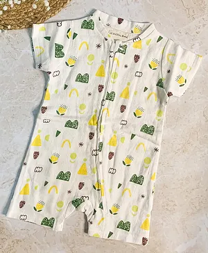 A Toddler Thing Half Sleeves All Over Printed Romper - White & Yellow
