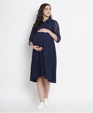 Mine4Nine Chevron Pattern Three Fourth Sleeves Maternity Dress - Navy Blue