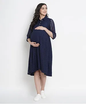 Mine4Nine Chevron Pattern Three Fourth Sleeves Maternity Dress - Navy Blue