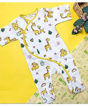 A Toddler Thing Giraffe Printed Full Sleeves Muslin Cotton Romper - White & Yellow