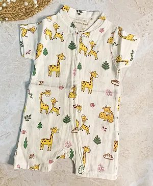 A Toddler Thing Muslin Short Sleeves Giraffe Print Night Suit - Beige