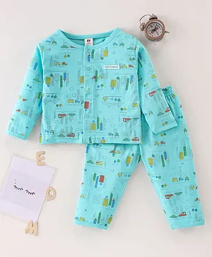 ToffyHouse Full Sleeves Night Suit Car Print - Turqouise Blue