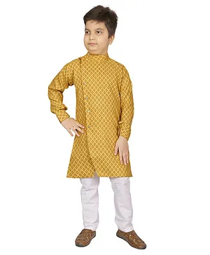 KIDS FARM Full Sleeves All Over Printed Kurta With Pajama - Mustard Yellow