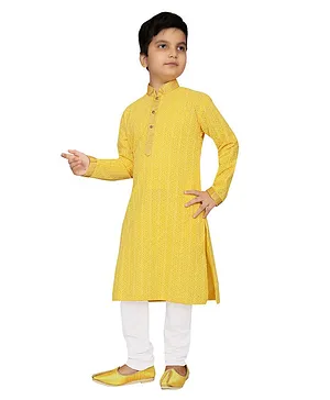 KIDS FARM Full Sleeves Floral Embroidered Kurta With Pajama - Yellow