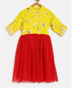 Bella Moda Roll Up Full Sleeves Floral Print Dress - Yellow