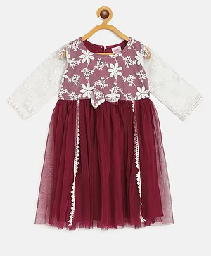 Bella Moda Full Sleeves Flower Embroidery Detailing Dress - Maroon